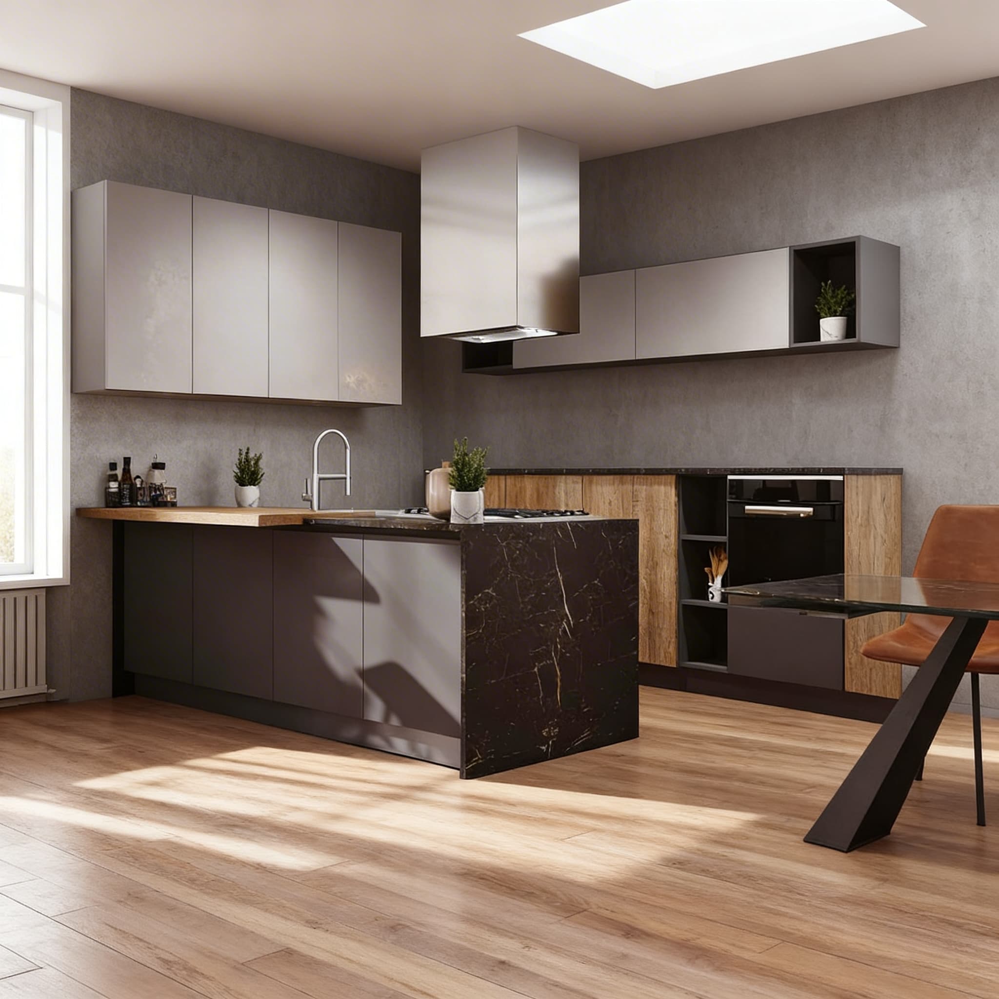 Cucina grigio antracite con top in legno