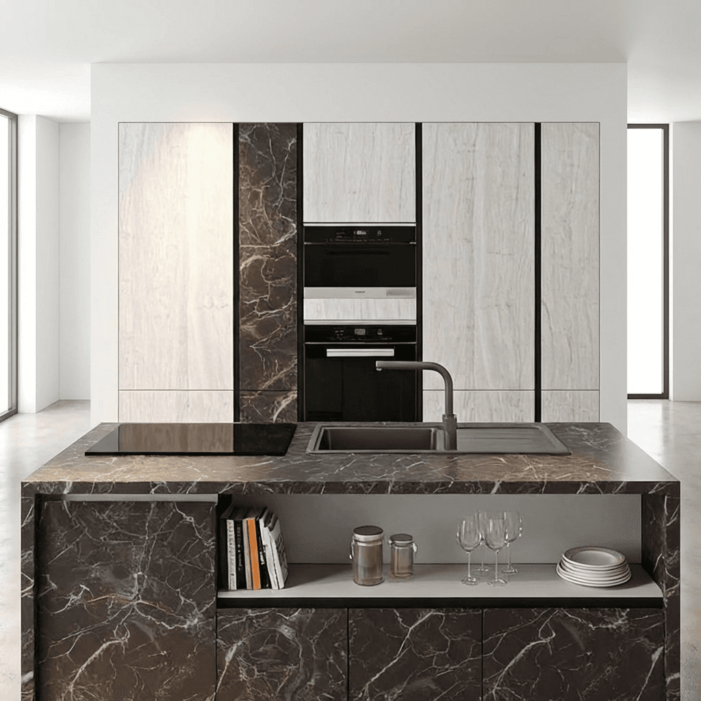 Isola in marmo scuro con piano sinuoso