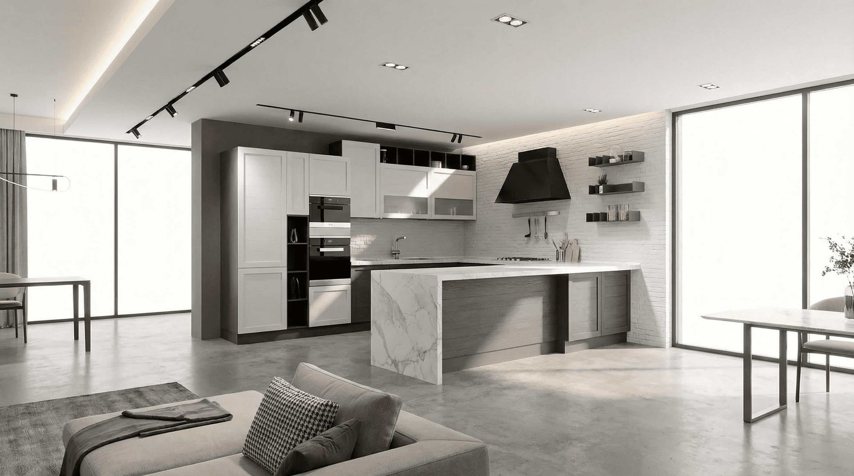 Cucina bianca moderna con isola in marmo Calacatta