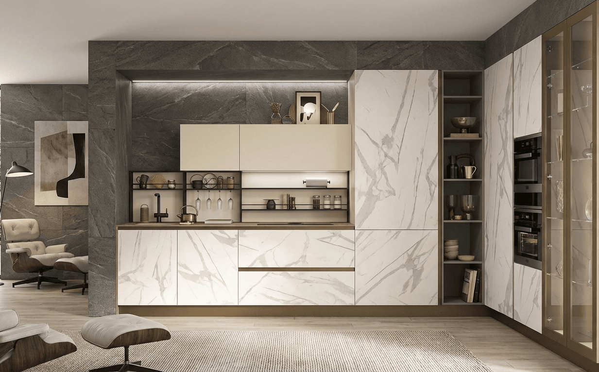 Cucina con frontali in marmo e dettagli in bronzo