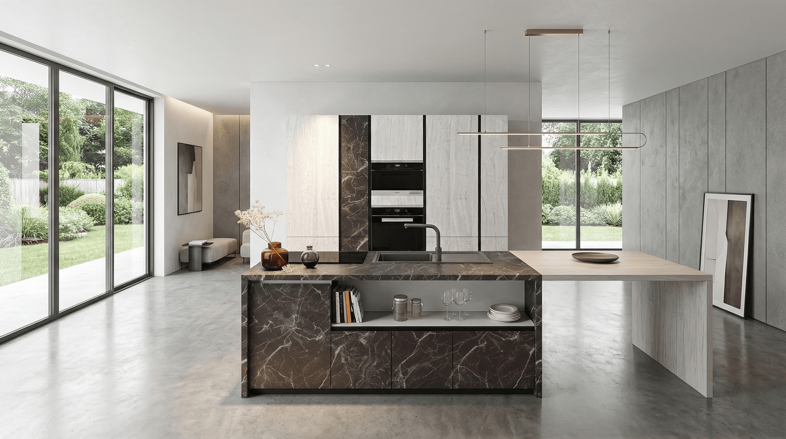 Cucina minimalista con isola in marmo scuro e vista giardino