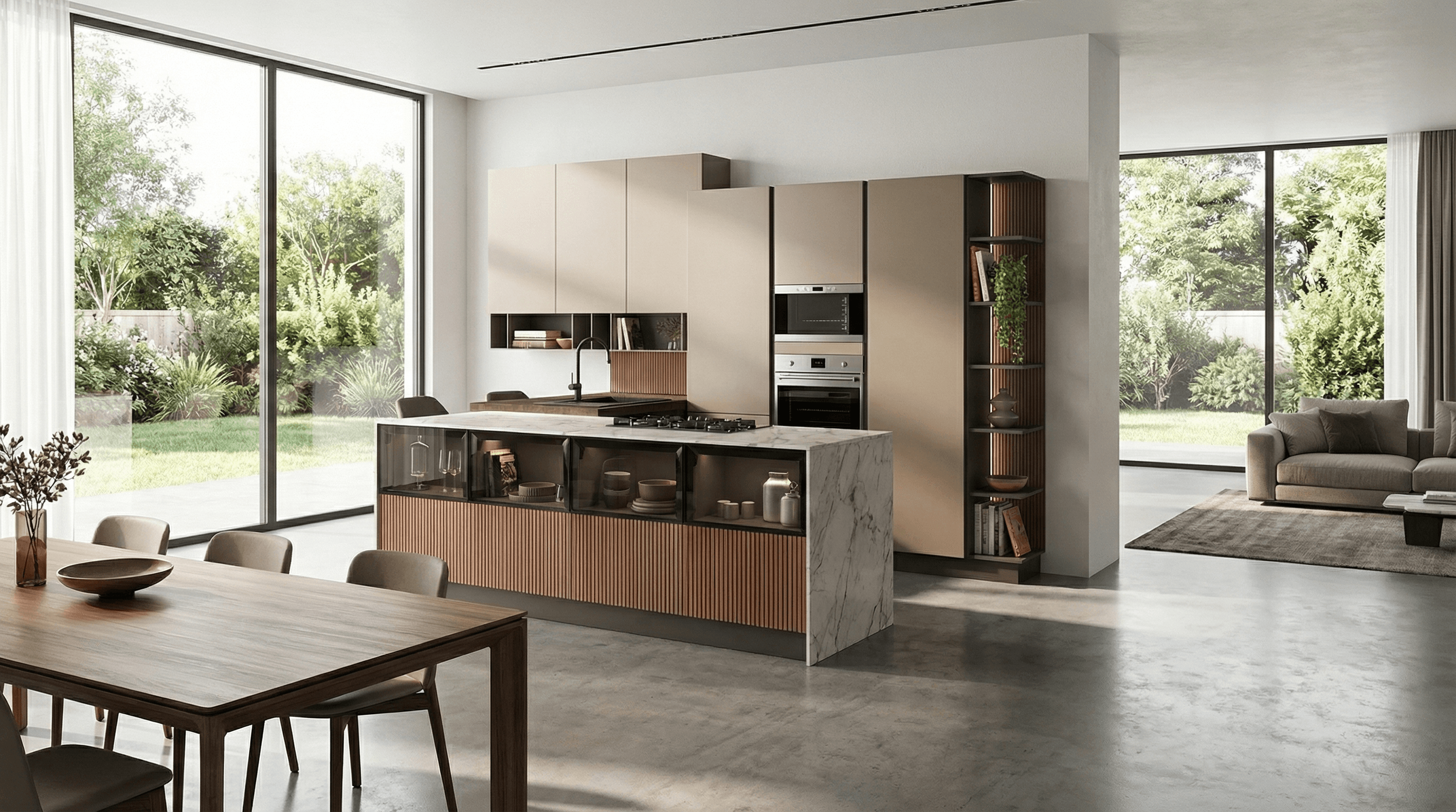 Cucina moderna con isola in marmo e pareti vetrate